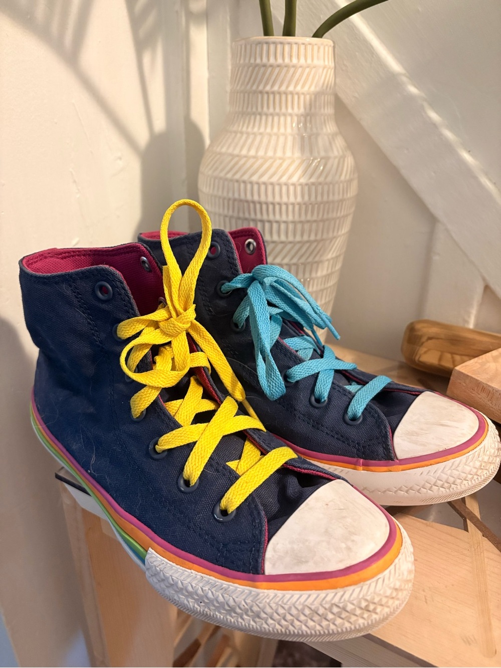 Converse Kids Navy High-Top Sneakers with Yellow and Teal Laces 4Y